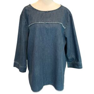 Martha Stewart Short Sleeve Blouse Indigo Denim Cotton Blend 3/4 Sleeveless